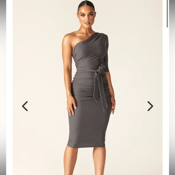 Alieva Dress Bodycon XL Women One Shoulder Dolly Ruched Gray Midi No Belt Q - Picture 1 of 10